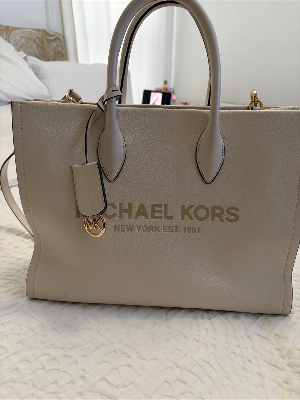 Michael Kors Beige Pebbled Leather Logo Tote - Picture 2 of 5